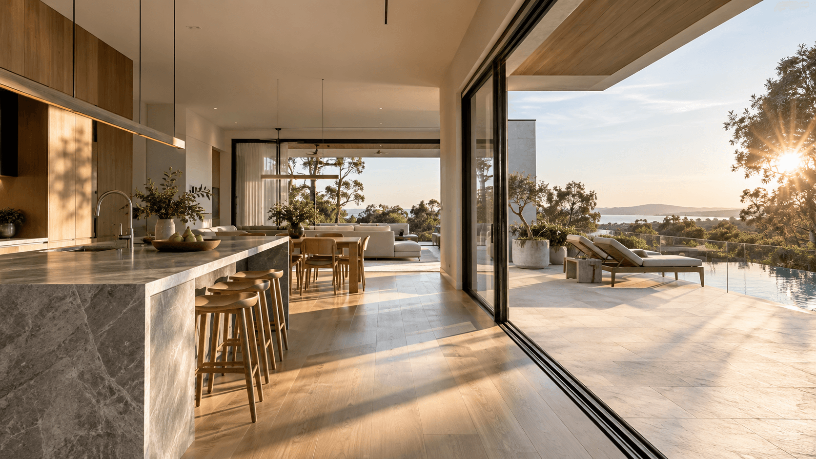 A premium contemporary property photographed in warm natural light